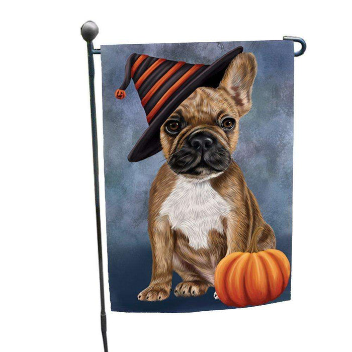Happy Halloween French Bulldog Dog Wearing Witch Hat with Pumpkin Garden Flag