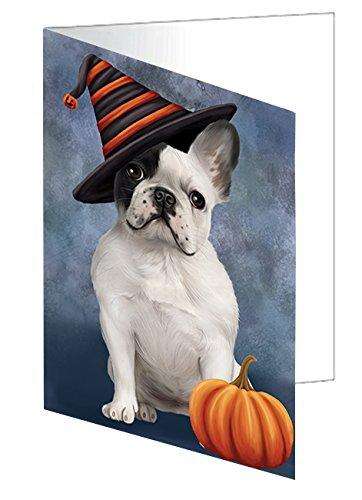 Happy Halloween French Bulldog Dog Wearing Witch Hat with Pumpkin Handmade Artwork Assorted Pets Greeting Cards and Note Cards with Envelopes for All Occasions and Holiday Seasons D477