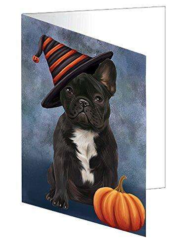 Happy Halloween French Bulldog Dog Wearing Witch Hat with Pumpkin Handmade Artwork Assorted Pets Greeting Cards and Note Cards with Envelopes for All Occasions and Holiday Seasons D478