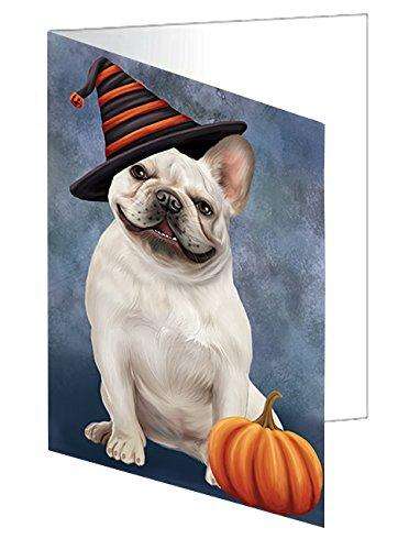Happy Halloween French Bulldog Dog Wearing Witch Hat with Pumpkin Handmade Artwork Assorted Pets Greeting Cards and Note Cards with Envelopes for All Occasions and Holiday Seasons D479