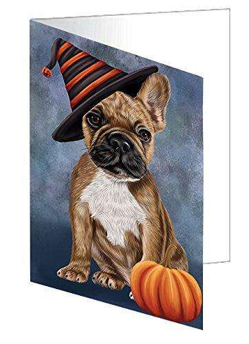 Happy Halloween French Bulldog Dog Wearing Witch Hat with Pumpkin Handmade Artwork Assorted Pets Greeting Cards and Note Cards with Envelopes for All Occasions and Holiday Seasons
