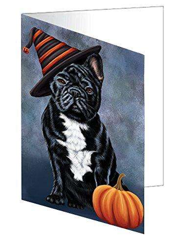 Happy Halloween French Bulldog Dog Wearing Witch Hat with Pumpkin Handmade Artwork Assorted Pets Greeting Cards and Note Cards with Envelopes for All Occasions and Holiday Seasons