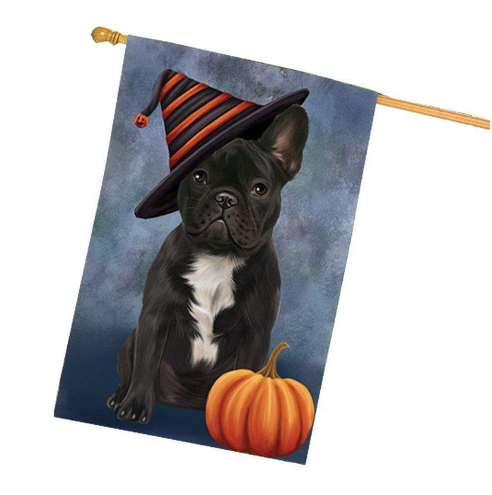 Happy Halloween French Bulldog Dog Wearing Witch Hat with Pumpkin House Flag