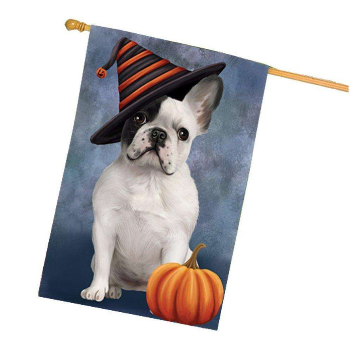 Happy Halloween French Bulldog Dog Wearing Witch Hat with Pumpkin House Flag