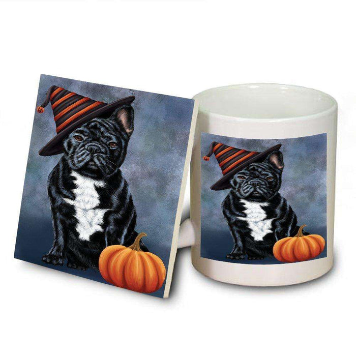 Happy Halloween French Bulldog Dog Wearing Witch Hat with Pumpkin Mug and Coaster Set