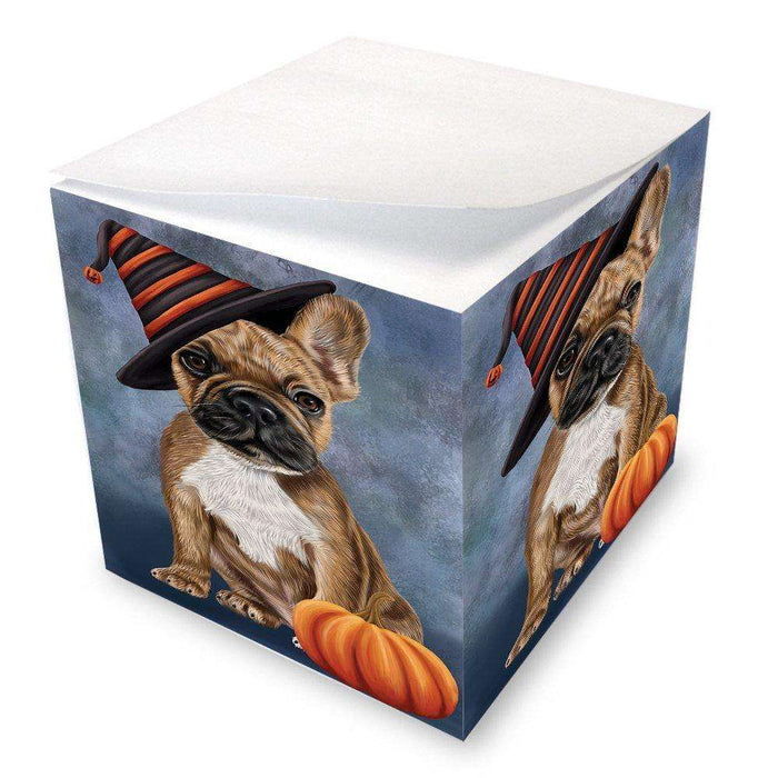 Happy Halloween French Bulldog Dog Wearing Witch Hat with Pumpkin Note Cube