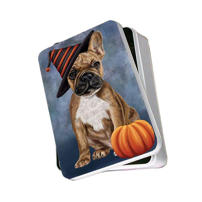 Happy Halloween French Bulldog Dog Wearing Witch Hat with Pumpkin Photo Storage Tin