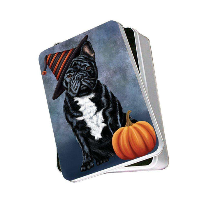 Happy Halloween French Bulldog Dog Wearing Witch Hat with Pumpkin Photo Storage Tin