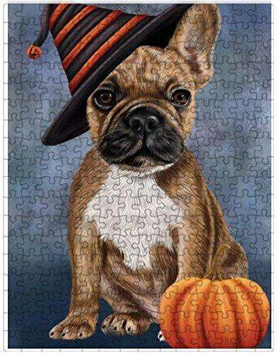 Happy Halloween French Bulldog Dog Wearing Witch Hat with Pumpkin Puzzle with Photo Tin
