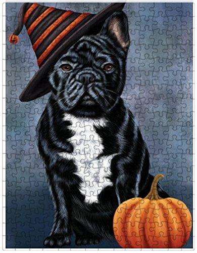 Happy Halloween French Bulldog Dog Wearing Witch Hat with Pumpkin Puzzle with Photo Tin