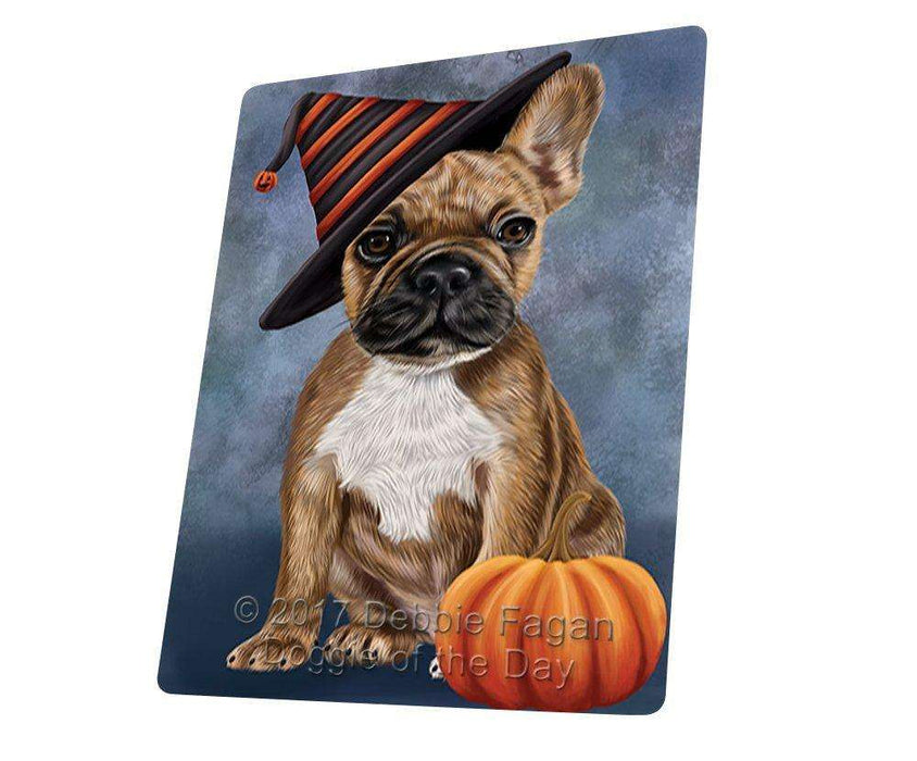 Happy Halloween French Bulldog Dog Wearing Witch Hat with Pumpkin Tempered Cutting Board