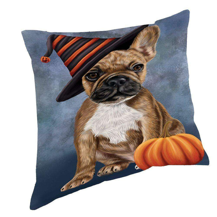 Happy Halloween French Bulldog Dog Wearing Witch Hat with Pumpkin Throw Pillow