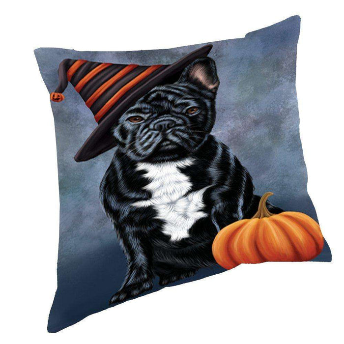 Happy Halloween French Bulldog Dog Wearing Witch Hat with Pumpkin Throw Pillow