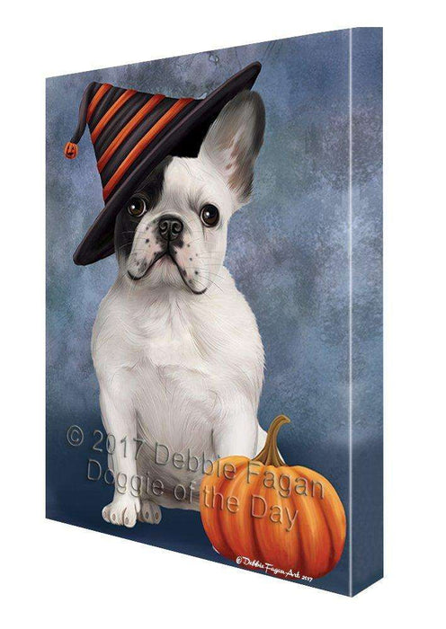 Happy Halloween French Bulldog Dog Wearing Witch Hat with Pumpkin Wall Art Canvas