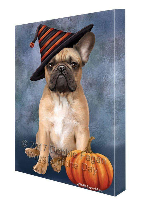 Happy Halloween French Bulldog Dog & Witch Hat with Pumpkin Wall Art Canvas