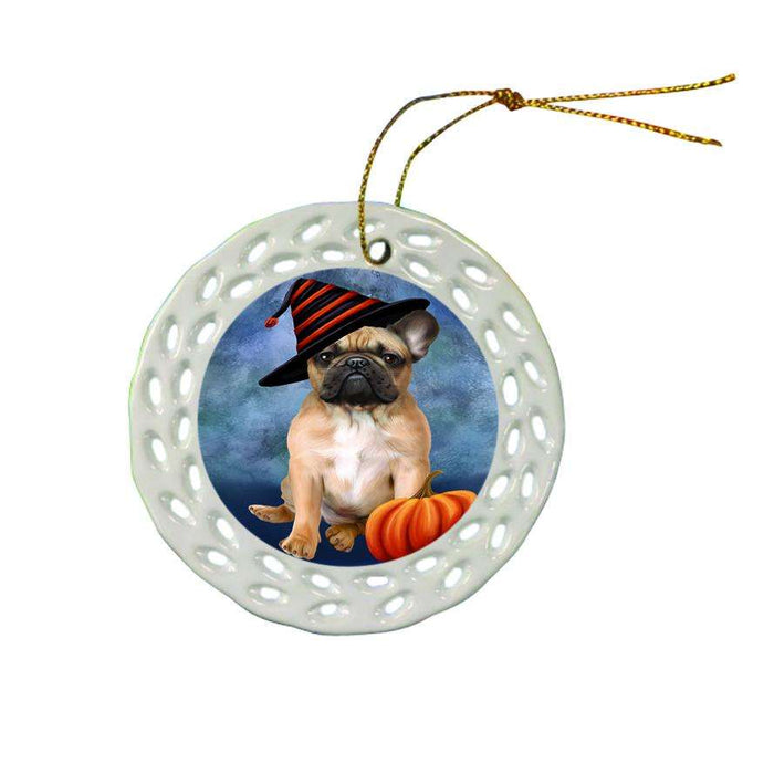 Happy Halloween French Bulldog Wearing Witch Hat with Pumpkin Ceramic Doily Ornament DPOR55076