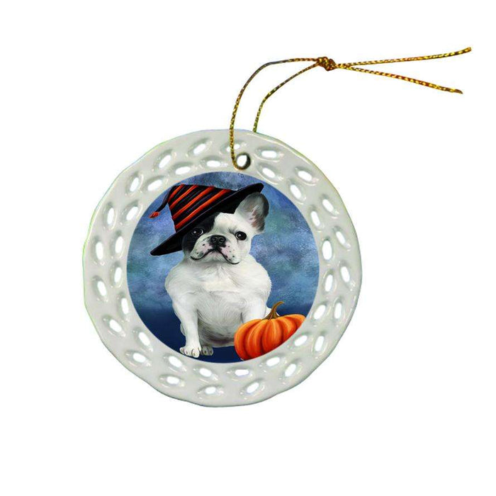 Happy Halloween French Bulldog Wearing Witch Hat with Pumpkin Ceramic Doily Ornament DPOR55077