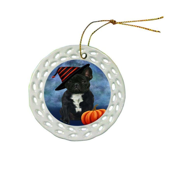 Happy Halloween French Bulldog Wearing Witch Hat with Pumpkin Ceramic Doily Ornament DPOR55078