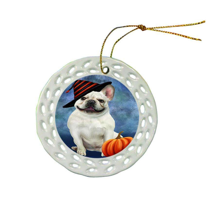Happy Halloween French Bulldog Wearing Witch Hat with Pumpkin Ceramic Doily Ornament DPOR55079