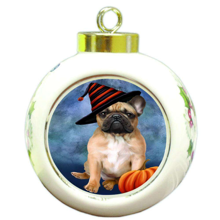 Happy Halloween French Bulldog Wearing Witch Hat with Pumpkin Round Ball Christmas Ornament RBPOR55076
