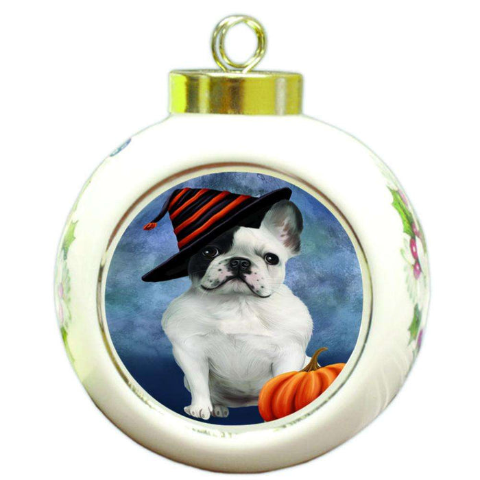 Happy Halloween French Bulldog Wearing Witch Hat with Pumpkin Round Ball Christmas Ornament RBPOR55077