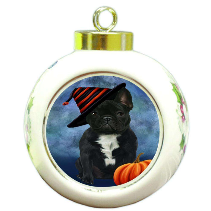 Happy Halloween French Bulldog Wearing Witch Hat with Pumpkin Round Ball Christmas Ornament RBPOR55078