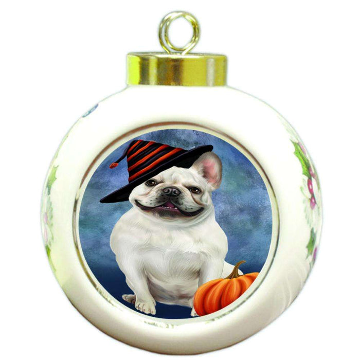 Happy Halloween French Bulldog Wearing Witch Hat with Pumpkin Round Ball Christmas Ornament RBPOR55079