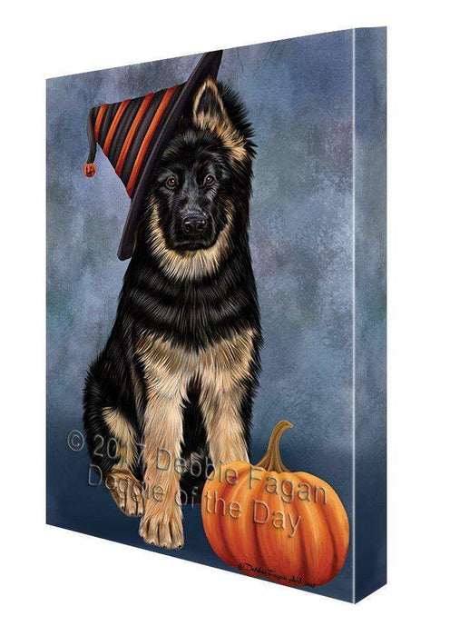 Happy Halloween German Shepherd Dog Wearing Witch Hat with Pumpkin Canvas Wall Art