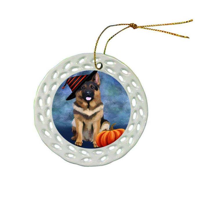 Happy Halloween German Shepherd Dog Wearing Witch Hat with Pumpkin Ceramic Doily Ornament DPOR55080