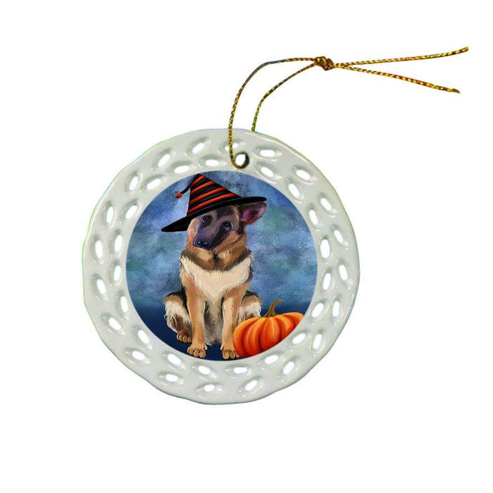 Happy Halloween German Shepherd Dog Wearing Witch Hat with Pumpkin Ceramic Doily Ornament DPOR55081
