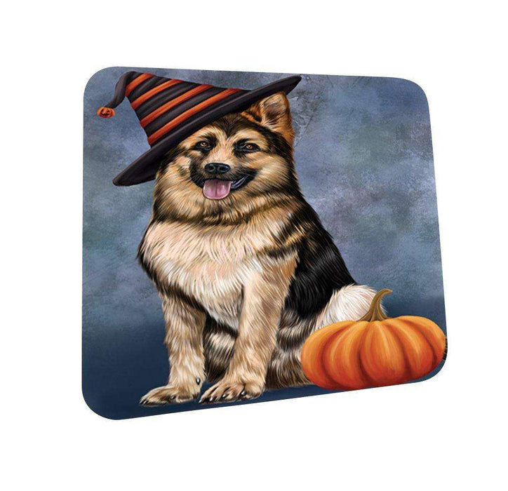 Happy Halloween German Shepherd Dog Wearing Witch Hat with Pumpkin Coasters Set of 4