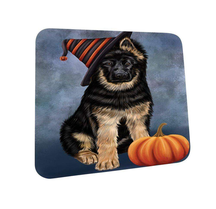 Happy Halloween German Shepherd Dog Wearing Witch Hat with Pumpkin Coasters Set of 4