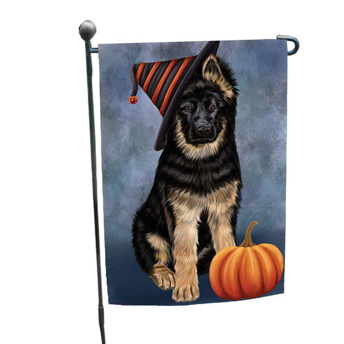 Happy Halloween German Shepherd Dog Wearing Witch Hat with Pumpkin Garden Flag