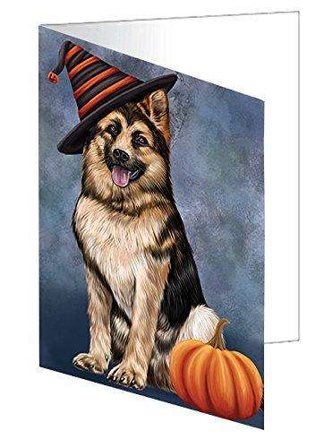 Happy Halloween German Shepherd Dog Wearing Witch Hat with Pumpkin Handmade Artwork Assorted Pets Greeting Cards and Note Cards with Envelopes for All Occasions and Holiday Seasons