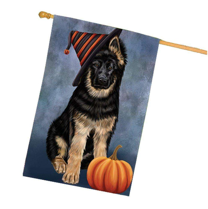 Happy Halloween German Shepherd Dog Wearing Witch Hat with Pumpkin House Flag