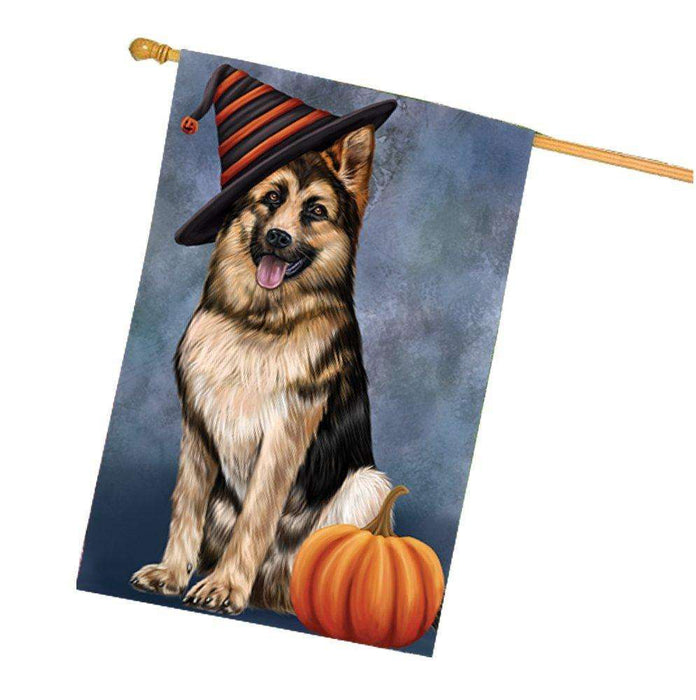 Happy Halloween German Shepherd Dog Wearing Witch Hat with Pumpkin House Flag