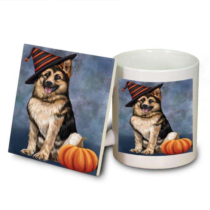 Happy Halloween German Shepherd Dog Wearing Witch Hat with Pumpkin Mug and Coaster Set