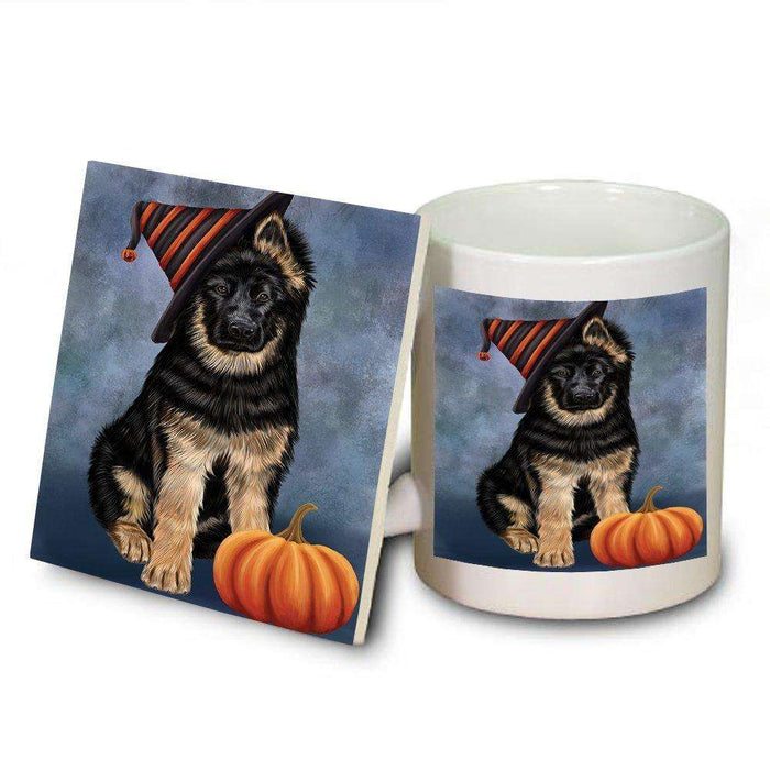 Happy Halloween German Shepherd Dog Wearing Witch Hat with Pumpkin Mug and Coaster Set