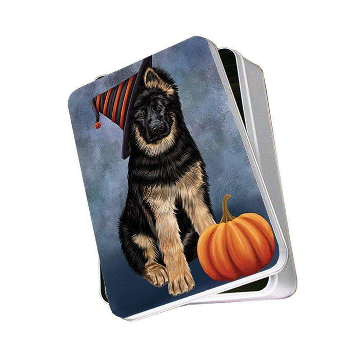 Happy Halloween German Shepherd Dog Wearing Witch Hat with Pumpkin Photo Storage Tin