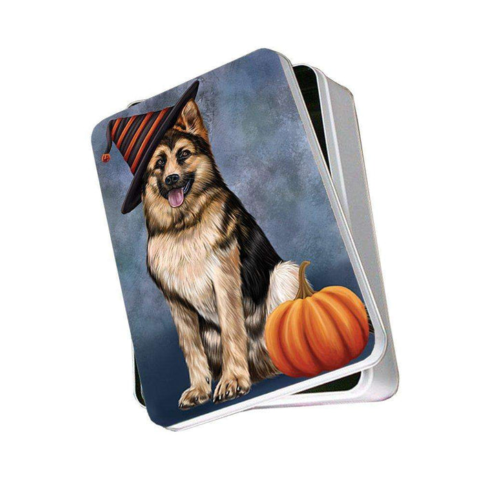 Happy Halloween German Shepherd Dog Wearing Witch Hat with Pumpkin Photo Storage Tin