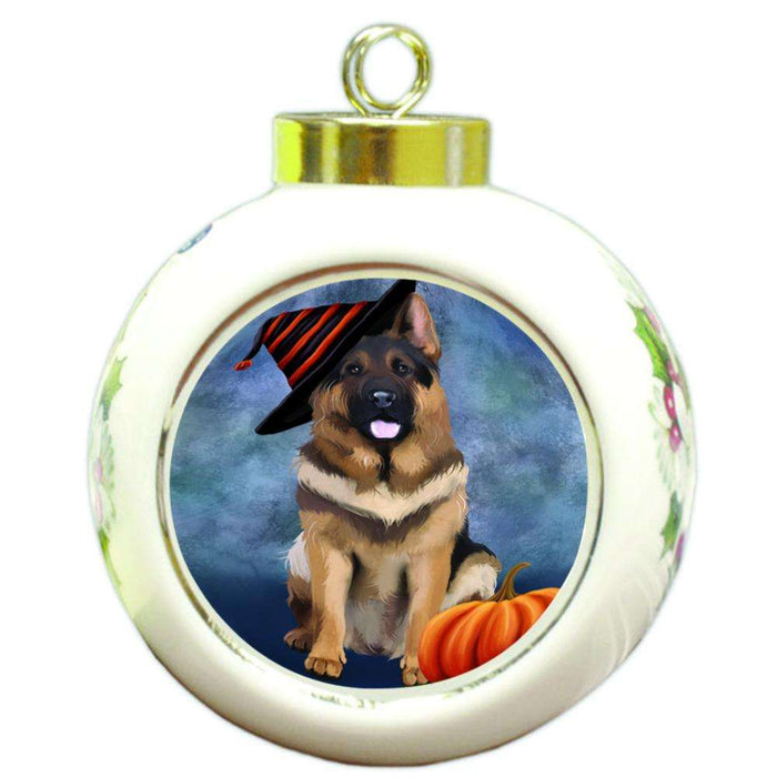 Happy Halloween German Shepherd Dog Wearing Witch Hat with Pumpkin Round Ball Christmas Ornament RBPOR55080