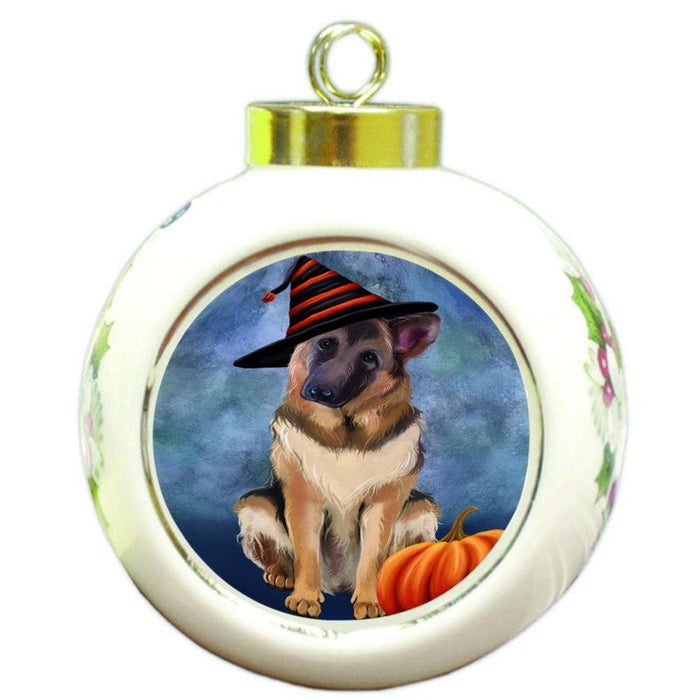 Happy Halloween German Shepherd Dog Wearing Witch Hat with Pumpkin Round Ball Christmas Ornament RBPOR55081