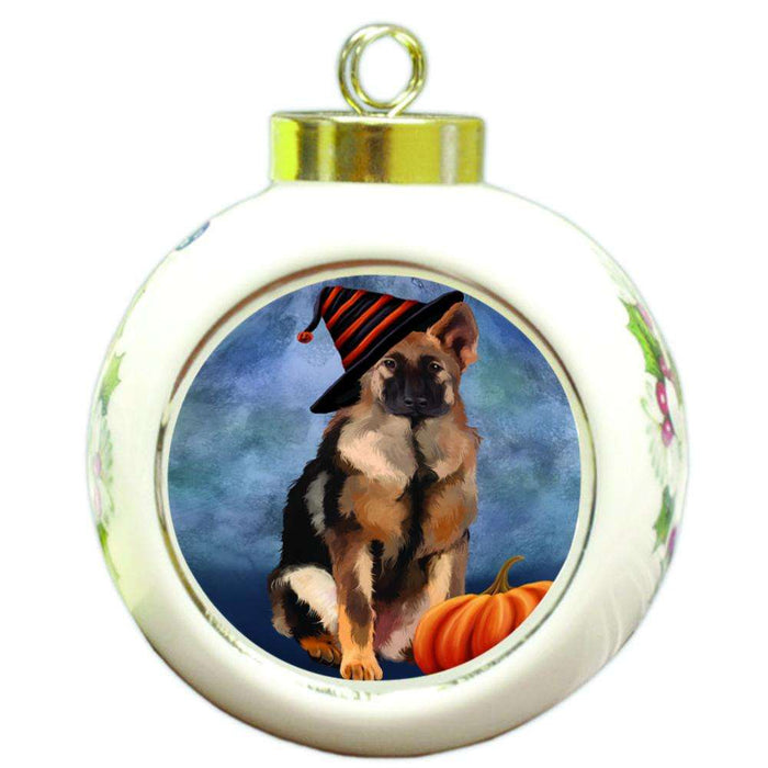 Happy Halloween German Shepherd Dog Wearing Witch Hat with Pumpkin Round Ball Christmas Ornament RBPOR55082