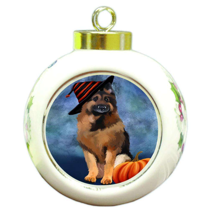 Happy Halloween German Shepherd Dog Wearing Witch Hat with Pumpkin Round Ball Christmas Ornament RBPOR55083