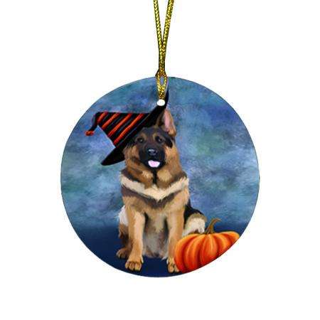 Happy Halloween German Shepherd Dog Wearing Witch Hat with Pumpkin Round Flat Christmas Ornament RFPOR55071