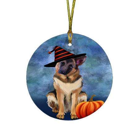 Happy Halloween German Shepherd Dog Wearing Witch Hat with Pumpkin Round Flat Christmas Ornament RFPOR55072