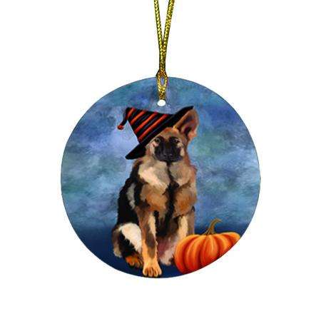 Happy Halloween German Shepherd Dog Wearing Witch Hat with Pumpkin Round Flat Christmas Ornament RFPOR55073