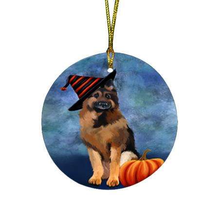 Happy Halloween German Shepherd Dog Wearing Witch Hat with Pumpkin Round Flat Christmas Ornament RFPOR55074