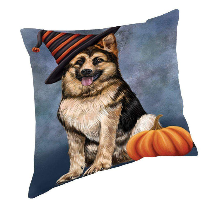 Happy Halloween German Shepherd Dog Wearing Witch Hat with Pumpkin Throw Pillow