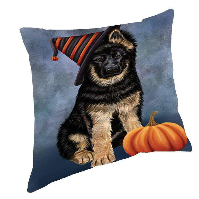 Happy Halloween German Shepherd Dog Wearing Witch Hat with Pumpkin Throw Pillow